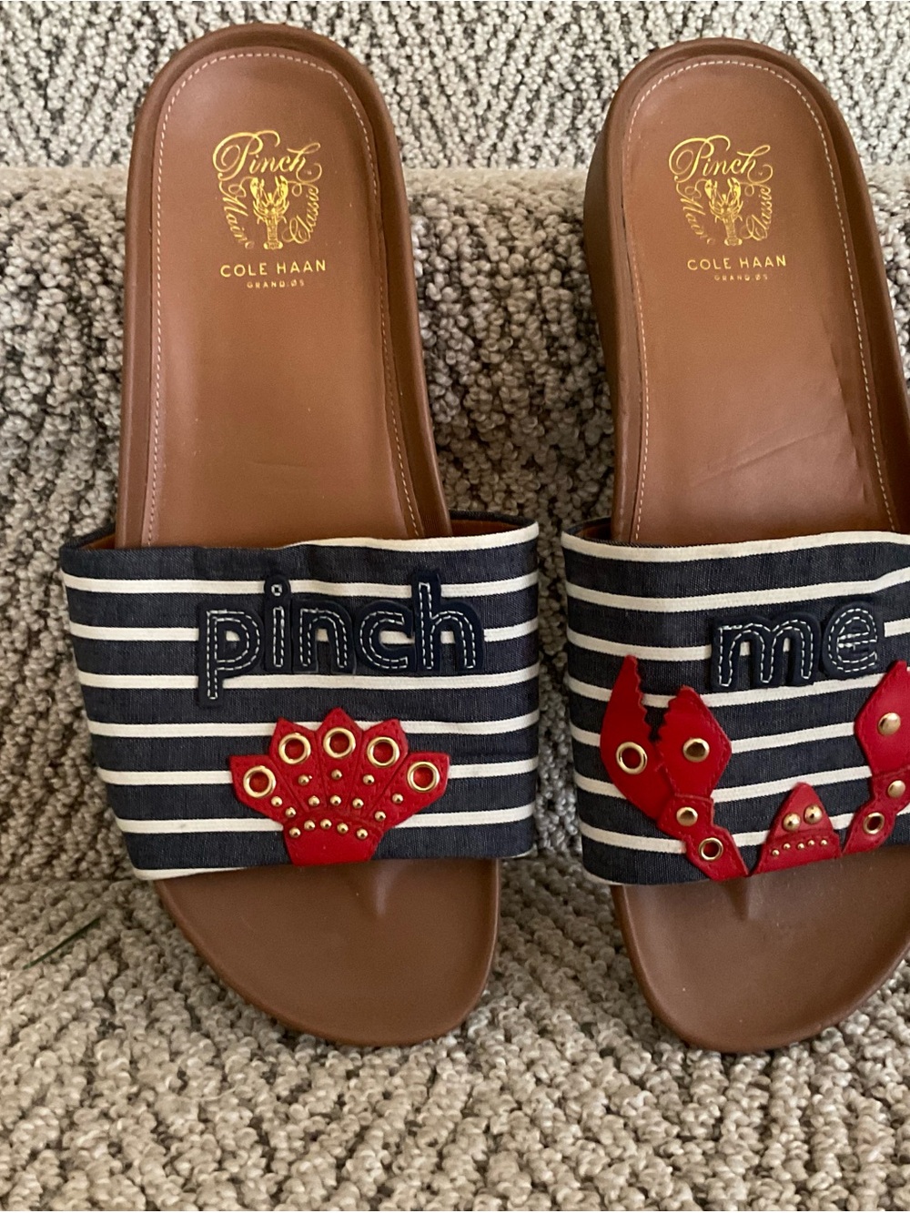 Cole Haan Navy Striped Slide Sandals with Red Lobster Accents